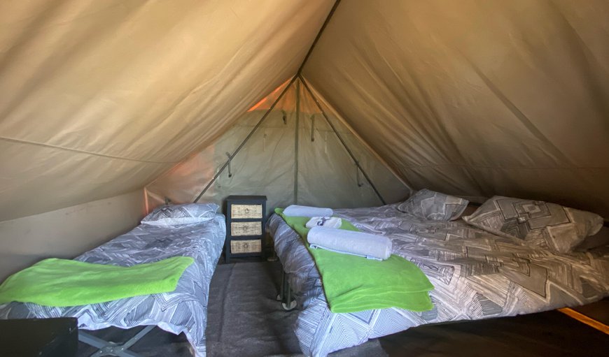 A-frame T7 with King, Singles, Stretcher: A-frame tent King & stretcher @ river - Tent with a king size bed and a stretcher